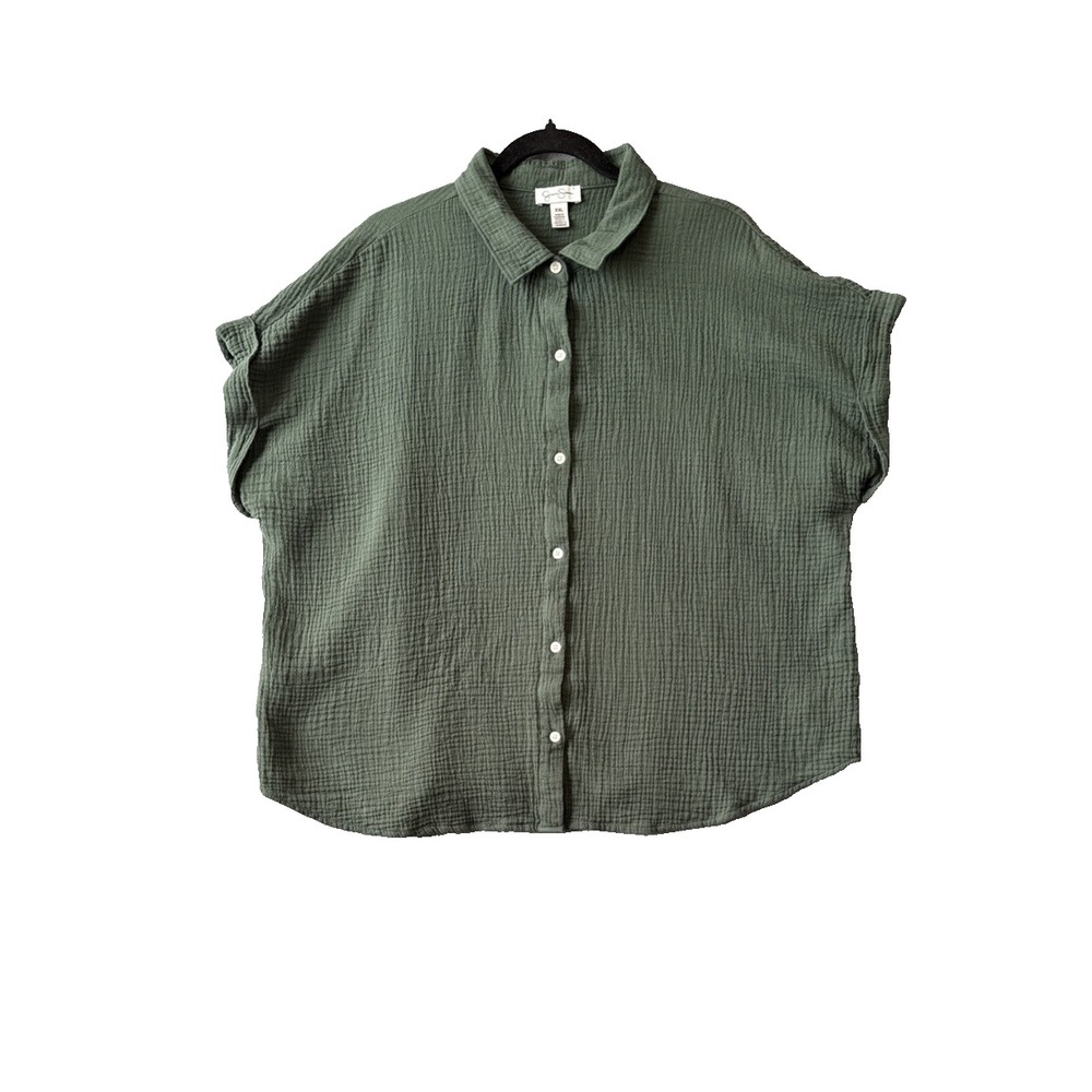 Lagenlook Olive Green Crinkle Gauze Short Sleeve Button Up Shirt XXL Boho Resort